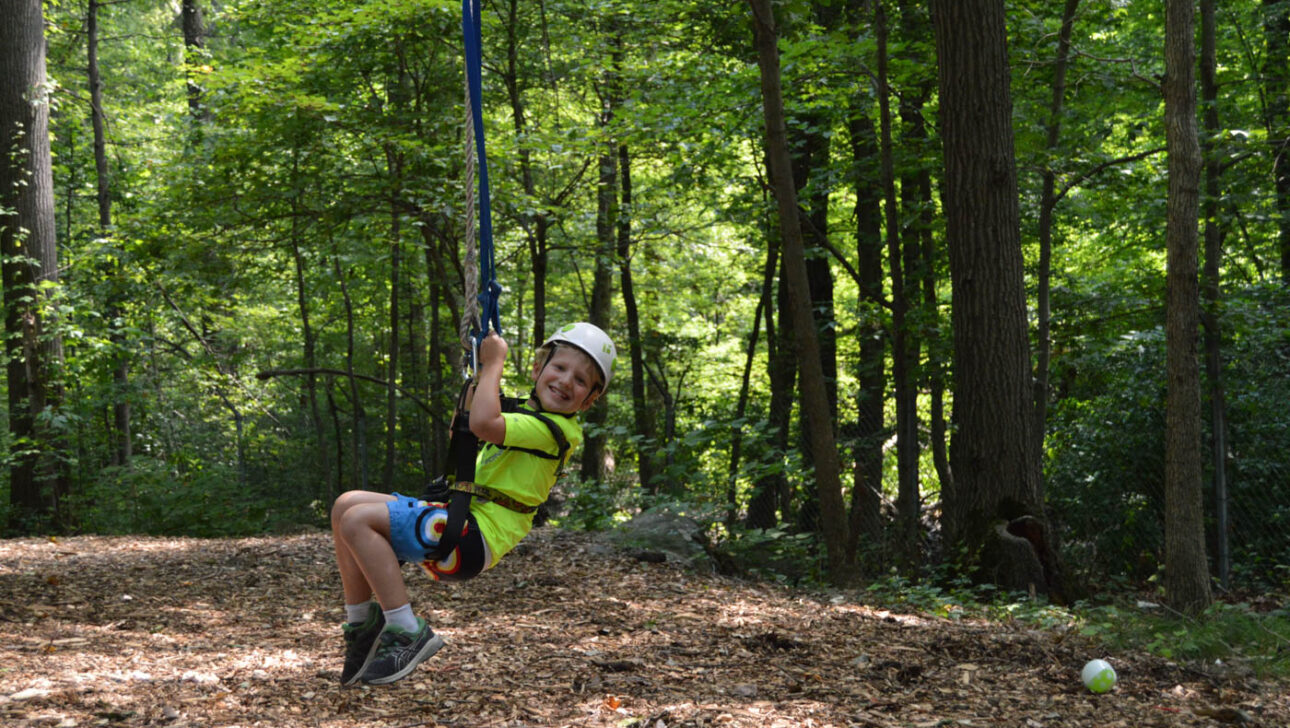 Boy swinging on a rope in the woods.